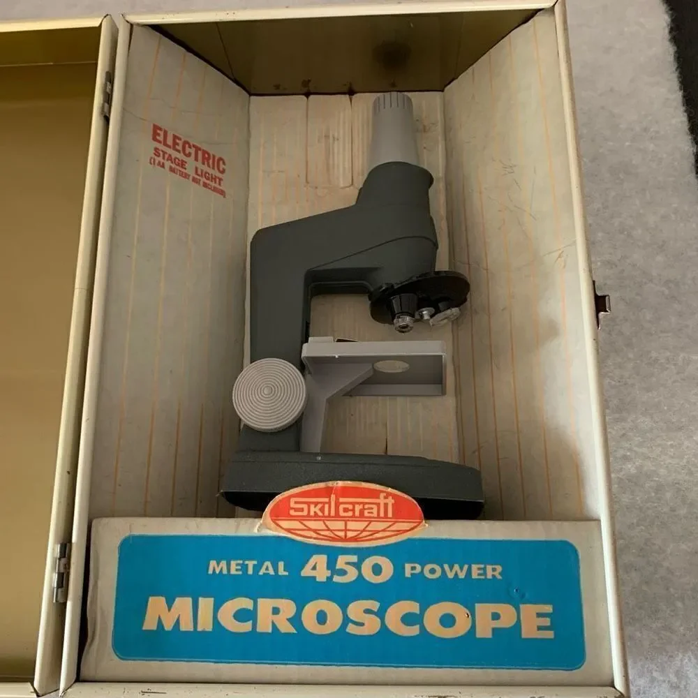 Vintage 1960’s Skilcraft Lab #416 Senior Metal Microscope Set & Box